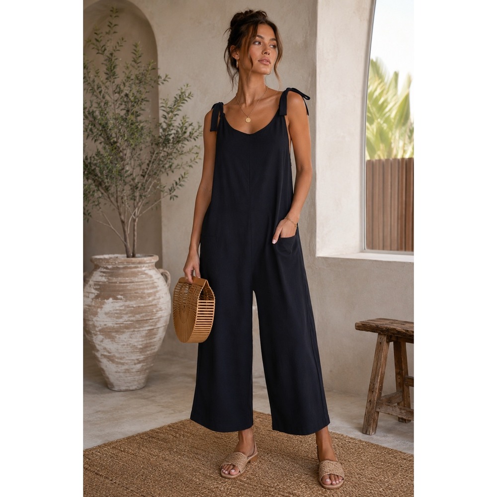 Women's Black Tie Strap Wide Leg Jumpsuit Pockets Coastal Minimalist